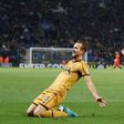 Tottenham Hotspur's Harry Kane celebrates scoring his third goal during their English Premier League football match against Leicester City on May 18, 2017