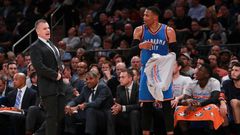 Head coach Billy Donovan of the Oklahoma City Thunder and Russell Westbrook react during the game against the New York Knicks at Madison Square Garden on November 28, 2016