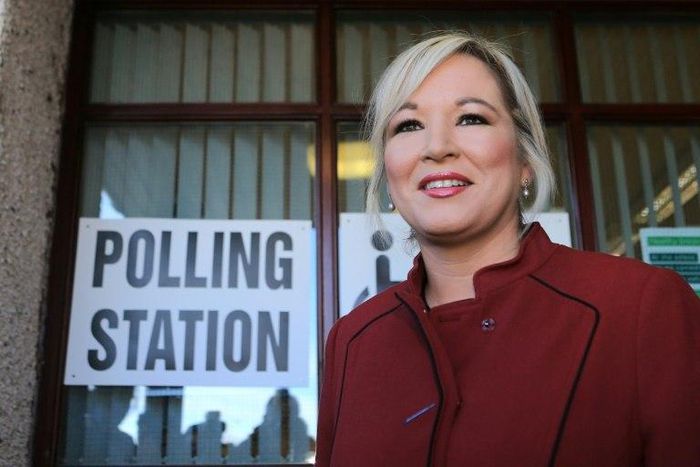 Sinn Fein's leader in Northern Ireland Michelle O'Neill leaves a polling station after casting her vote n March 2, 2017