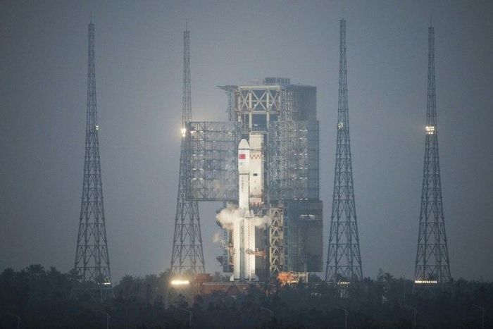 A Long March 7 orbital launch vehicle carrying China's cargo spacecraft Tianzhou-1 is seen at its launch pad at the Wenchang Space Launch Centre before it's scheduled launch in Wenchang, southern China's Hainan Province