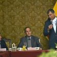 Ecuadorean President Rafael Correa (R), Colombian government representative Juan Camilo Restrepo (C) and ELN guerrilla representative Pablo Beltran (L) resume ceasefire talks in Quito