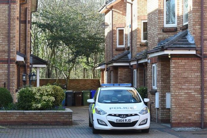 A police car parked outside a house in an estate in West Didsbury, a suburb of Manchester, north-west England, connected to Westminster terrorist Khalid Masood which was raided overnight by anti-terror police on March 24, 2017