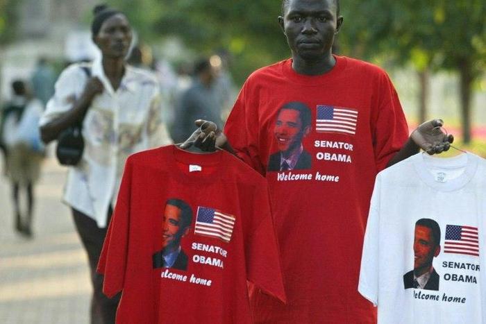 A vendor in Kisumu, Kenya, sells tee-shirts bearing the photo of then US senator Barack Obama