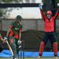 Hong Kong bowler Ehsan Khan (L) and wicket-keeper James Carter (R) unsuccessfuly appeal for Kenya's batsman Irfan Karim (L) to be dismissed for leg before wicket (lbw) during the ICC World Cricket League Kenya vs Hong Kong on November 18, 2016