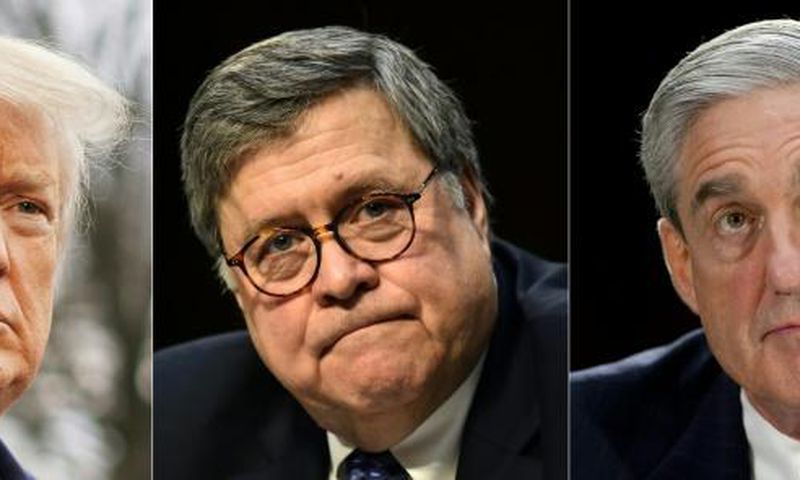 US President Donald Trump (L) is awaiting to hear from Attorney General Bob Barr (C) on the conclusions of Special Counsel Robert Mueller's (R) investigation into Russia's attempt to sway the 2016 presidential election