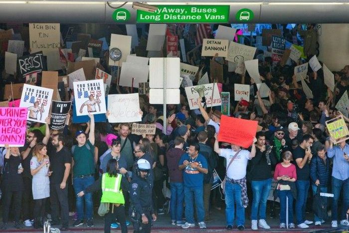 Protesters gather at Los Angeles International airport to demonstrate against President Donald Trump's executive order effectively banning citizens from seven Muslim majority countries
