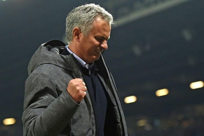 Jose Mourinho celebrates Manchester United's victory against Celta Vigo in the Europa League semi-final at Old Trafford on May 11, 2017