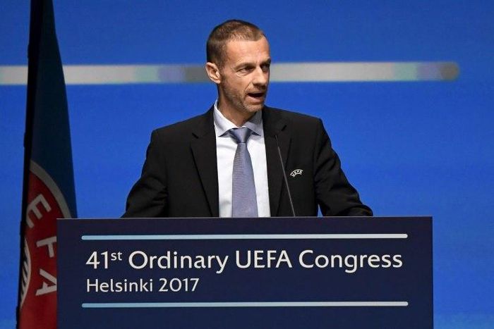 UEFA President Aleksander Ceferin gives a speech during the 41st Ordinary UEFA Congress on April 5, 2017 at the Fair Centre Messukeskus in Helsinki, Finland