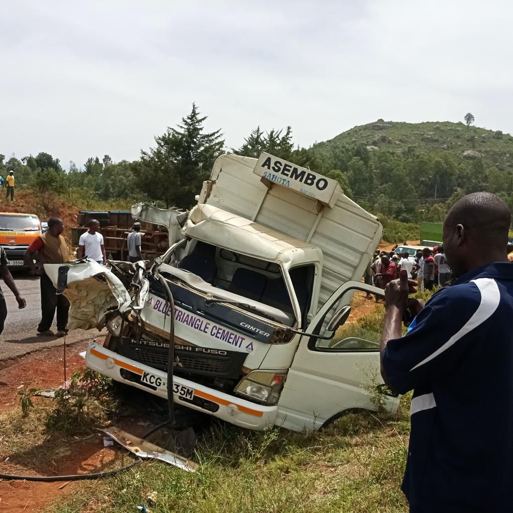 Wreckage of the first lorry involved in an accident at Maseno