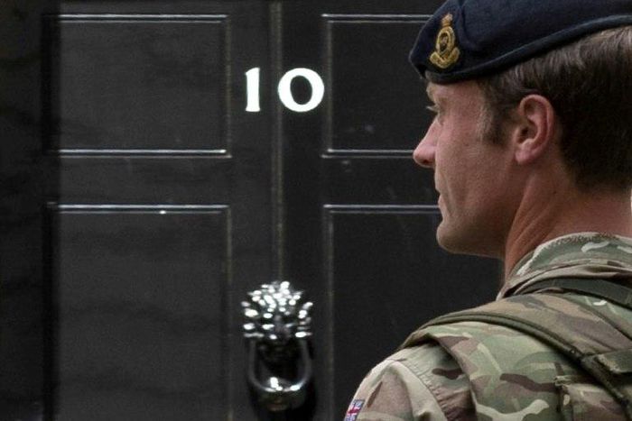 A soldier patrols outside 10 Downing Street, the official residence of Britain's Prime Minister, in central London on May 24, 2017