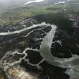 An aerial photograph shows creeks and vegetation devastated as a result of spills from oil thieves and Shell operational failures in the Niger Delta, pictured on March 22, 2013