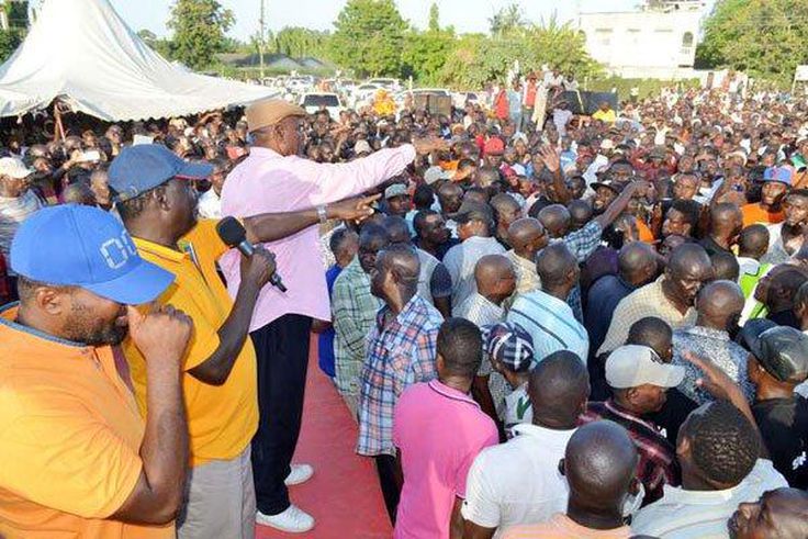 From left: ODM leaders Hassan Joho, Party leader Raila Odinga and Changamwe MP Omar Mwinyi address party supporters at Changamwe Grounds in Mombasa on January 25, 2017.