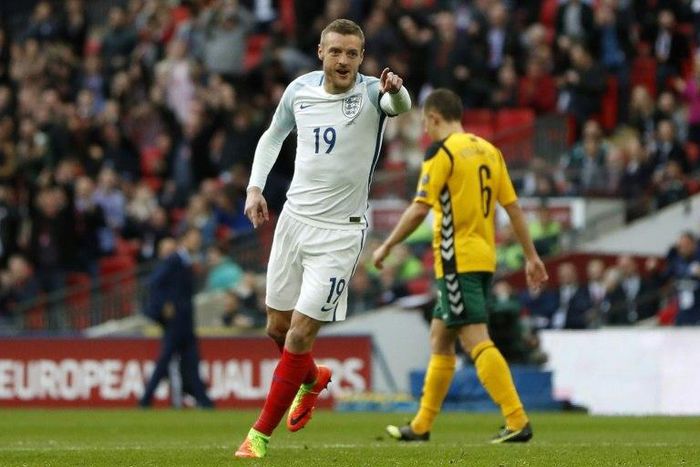England's striker Jamie Vardy celebrates after scoring against Lithuania at Wembley Stadium in London on March 26, 2017