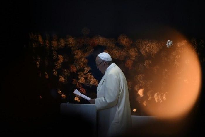 Pope Francis speaks during the Blessing for the Candles from the Chapel of the Apparitions, in Fatima on May 12, 2017