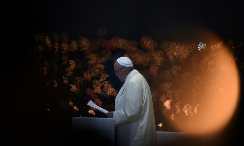 Pope Francis speaks during the Blessing for the Candles from the Chapel of the Apparitions, in Fatima on May 12, 2017