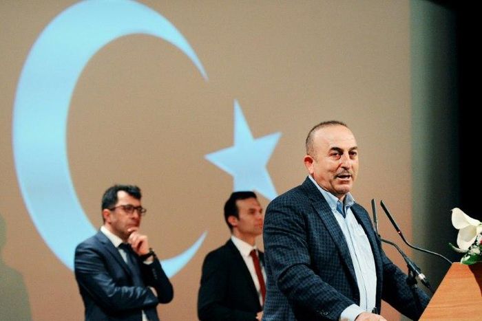 Turkish Foreign Minister Mevlut Cavusoglu speaks Sunday at a rally in the French eastern city of Metz to drum up support among Turks there for constitutional referendum back home