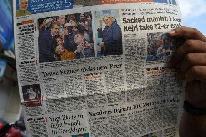 News of Emmanuel Macron win in the French presidential elections hits newspaper front pages in India