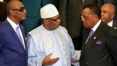 Guinean President Alpha Conde (centre), pictured in Yerevan last October at the 17th Francophone Summit alongside presidents Ibrahim Boubacar Keita of Mali (left) and Congo President Denis Sassou Nguesso (right)