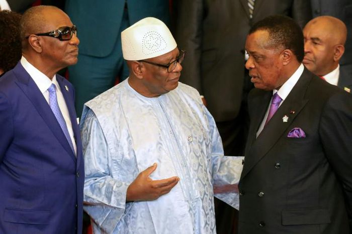 Guinean President Alpha Conde (centre), pictured in Yerevan last October at the 17th Francophone Summit alongside presidents Ibrahim Boubacar Keita of Mali (left) and Congo President Denis Sassou Nguesso (right)
