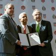 Sunil Gulati President of United States Soccer Federation (C) poses for a picture next to Victor Montagliani CONCACAF President (L) and Decio de Maria President of the Mexican Football Federation (R) after announcing the next soccer 2026 World Cup