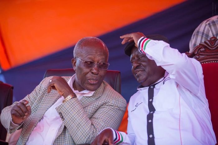 ODM party leader Raila Odinga (right) and former minister Prof. Sam Ongeri in Kisii County.