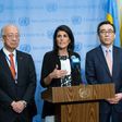 US United Nations Ambassador Nikki Haley (C) speaks next to Japanese UN Ambassador Koro Bessho, (L) and the Republic of Korea's UN Ambassador Cho Tae-yul after Security Council consultations on North Korea missile launches on March 8, 2017