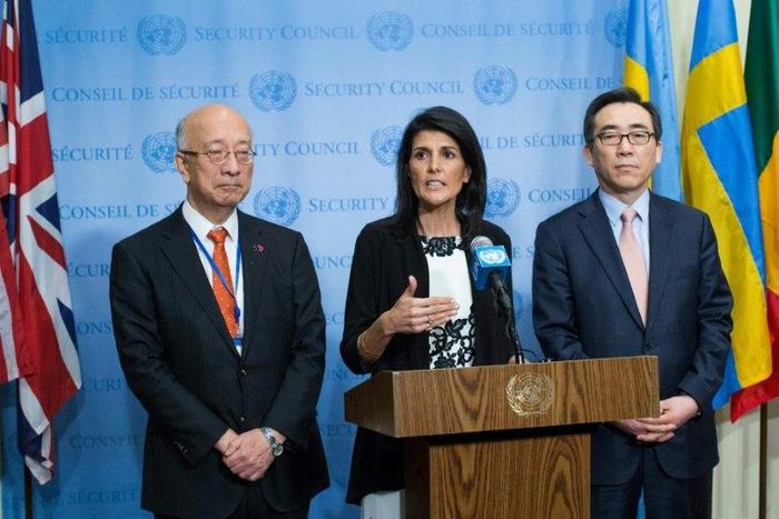US United Nations Ambassador Nikki Haley (C) speaks next to Japanese UN Ambassador Koro Bessho, (L) and the Republic of Korea's UN Ambassador Cho Tae-yul after Security Council consultations on North Korea missile launches on March 8, 2017