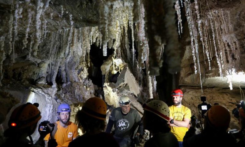 Israeli cave explorers show the Malham cave inside Mount Sodom, located at the southern part of the Dead Sea in Israel