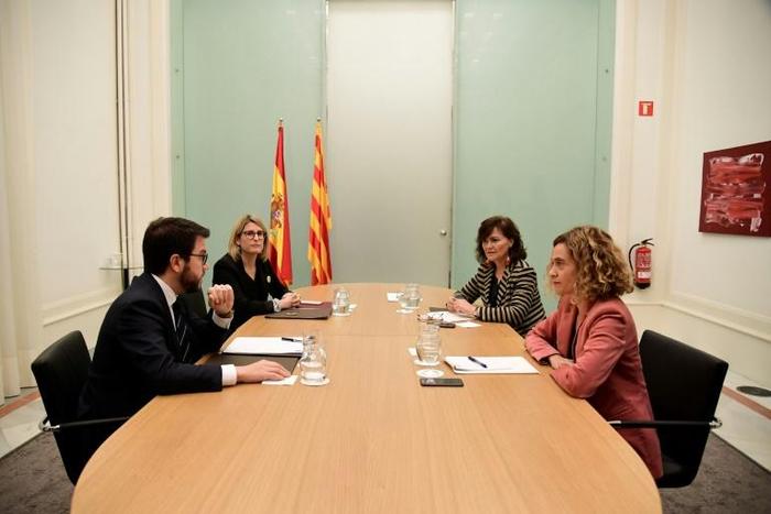 Catalan vice-president , Pere Aragones, Catalan regional spokeswoman Elsa Artadi and Spanish deputy prime minister Carmen Calvo had already met for talks last month in Barcelona with Spanish minister for territorial policy Meritxell Batet