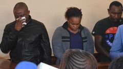 Joseph Kori wiping tears while in court with Judy Wangui and Micheal Mathenge in court