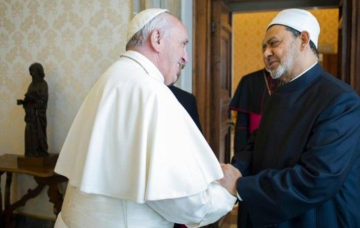 Pope Francis welcomes Egyptian Grand Imam of al-Azhar Mosque Sheikh Ahmed Mohamed al-Tayeb, during a private audience at the Vatican