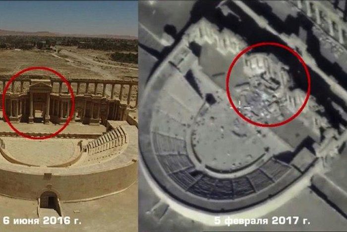 Screenshot from drone footage released on February 13, 2017 by the Russian Ministry of Defence purports to show part of a Roman amphitheatre in Palmyra on June 6, 2016 (left) and then from an aerial viewpoint on February 5, 2017, showing destruction