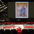 An illustration of Christian Samurai Takayama Ukon (1553-1615) -- as depicted by Japanese artist Kazuko Mimaki -- is projected onto a screen during a beatification ceremony in Osaka, on February 7, 2017