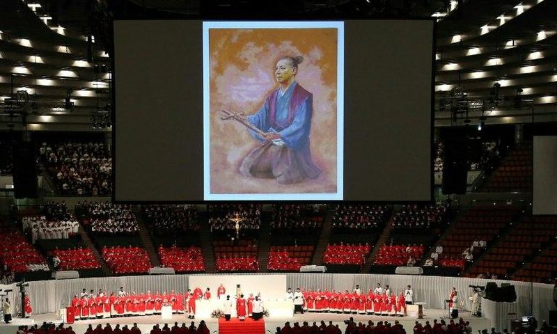 An illustration of Christian Samurai Takayama Ukon (1553-1615) -- as depicted by Japanese artist Kazuko Mimaki -- is projected onto a screen during a beatification ceremony in Osaka, on February 7, 2017