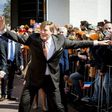 Dutch King Willem-Alexander gestures as he celebrates his 50th birthday on the traditional King's Day (Koningsdag) in the southern city of Tilburg