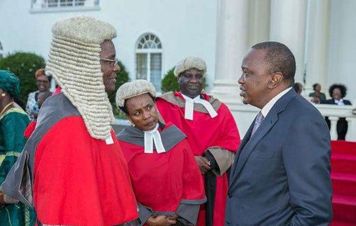 President Uhuru Kenyatta with Chief Justice David Maraga and deputy CJ Philomena Mwilu at State House