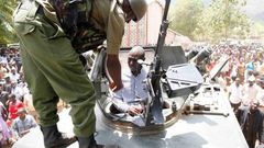 Deputy President William Ruto inside one of the tanks expected to be used in the operation to flush out cattle rustlers and criminals.
