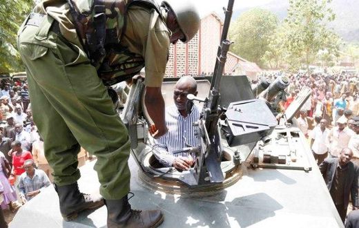 Deputy President William Ruto inside one of the tanks expected to be used in the operation to flush out cattle rustlers and criminals.