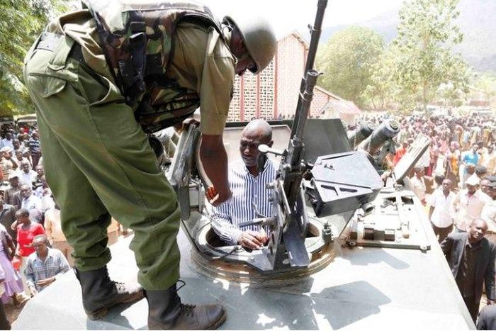 Deputy President William Ruto inside one of the tanks expected to be used in the operation to flush out cattle rustlers and criminals.