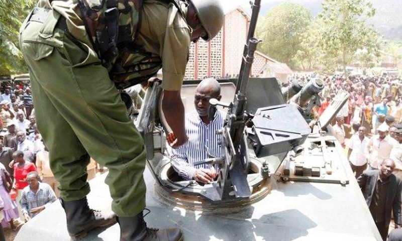 Deputy President William Ruto inside one of the tanks expected to be used in the operation to flush out cattle rustlers and criminals.
