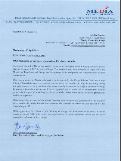 MCK Statement on the Energy Journalism Excellence Awards