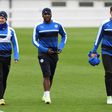 Leicester City'sdefender Ben Chilwell (L), defender Wes Morgan (C) and striker Leonardo Ulloa (R) attend a training session at Leicester City's training complex in Leicester, central England, on April 17, 2017