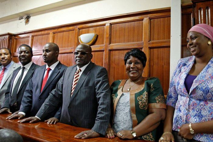 Politicians Aisha Jumwa, Florence Mutua, Johnstone Muthama, Junet Mohammed, Timothy Bosire, Ferdinand Waititu, Moses Kuria and Kimani Ngunjiri stand in the dock at the Milimani Law Courts over alleged hate speech.