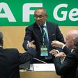 Ahmad Ahmad (C) of Madagascar is congratulated by FIFA president Gianni Infantino (2ndR) after being elected the new president of the Confederation of African Football (CAF) in Addis Ababa on 16 March 2017