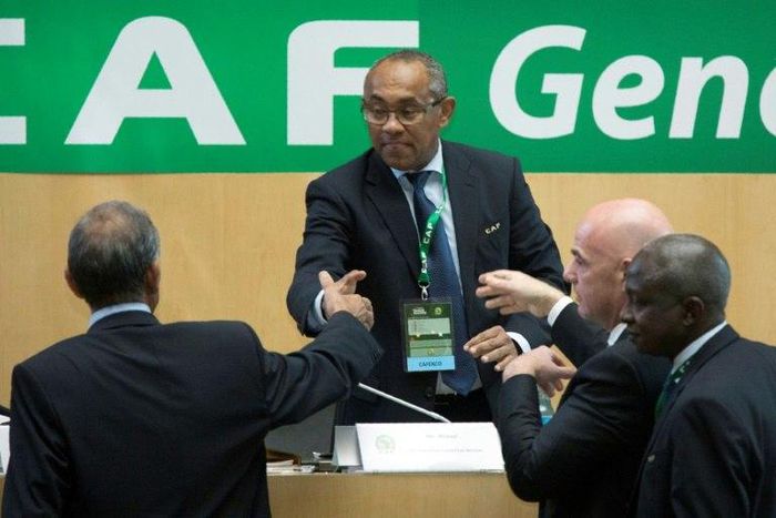 Ahmad Ahmad (C) of Madagascar is congratulated by FIFA president Gianni Infantino (2ndR) after being elected the new president of the Confederation of African Football (CAF) in Addis Ababa on 16 March 2017