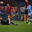 Roma's midfielder Mohamed Salah scores during the Italian Tim Cup second leg semi-final football match AS Roma vs Lazio on April 4, 2017 at the Olympic stadium in Rome