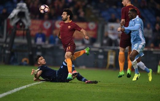 Roma's midfielder Mohamed Salah scores during the Italian Tim Cup second leg semi-final football match AS Roma vs Lazio on April 4, 2017 at the Olympic stadium in Rome