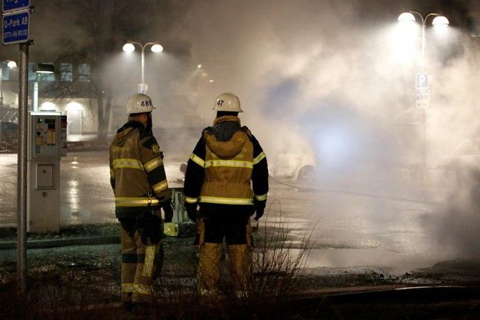 Several cars were set ablaze in a riot in a suburb outside Stockholm on the night of February 20, 2017