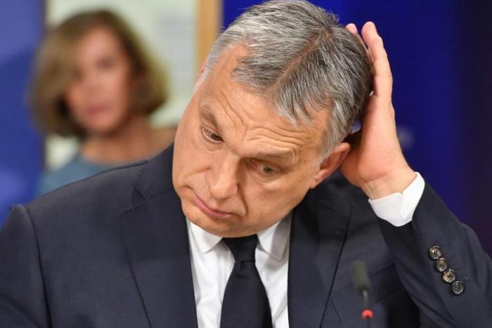 Hungary's Prime Minister Victor Orban gives a press conference after the European People's Party suspended his Fidesz party from its ranks