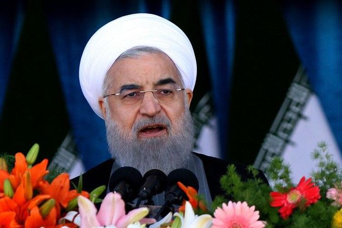 Iranian President Hassan Rouhani delivers a speech during a parade on the occasion of the country's Army Day, on April 18, 2017, in Tehran